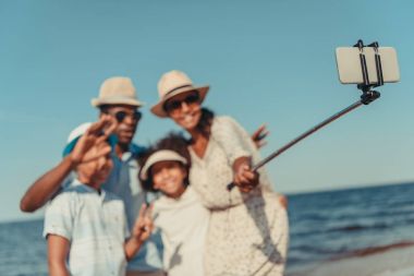 family taking selfie at seaside  