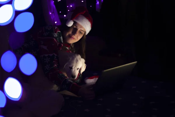 girl student in Christmas clothes sits at home at night with a puppy and a laptop, a woman celebrates the New Year with a pet, online for Christmas