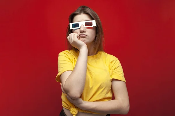 Sad Young Girl Watching Bad Boring Movie Glasses Popcorn Red — Stockfoto