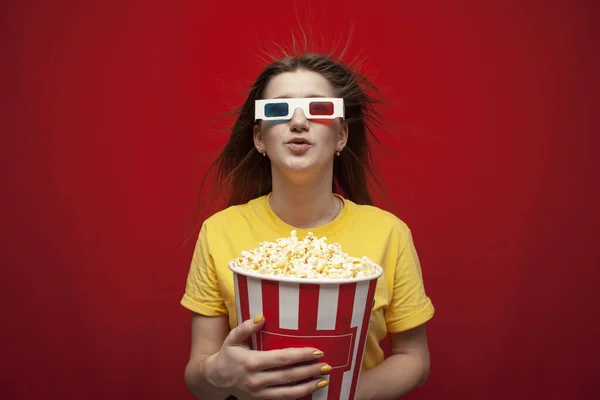 Surprised Young Girl Student Watching Movie Glasses Eating Popcorn Red — Stok fotoğraf