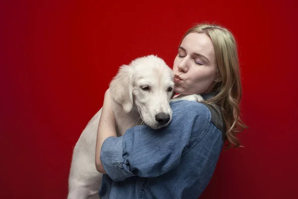 행복하고 아름다운 소녀가 배경으로 껴안고 리트리버 강아지에게 키스하고 동물에 — 스톡 사진