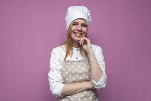 Beautiful Girl Cook Uniform Apron Colored Pink Background Portrait Housewife — Stock Photo, Image