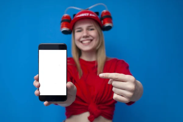 Happy Girl Fan Winner Holds Shows Empty Smartphone Screen Rejoice — Stock Photo, Image