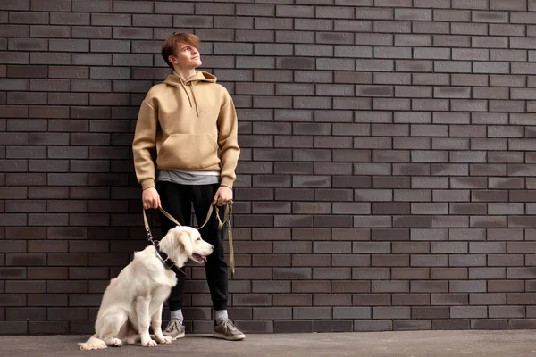 Jonge Man Staat Met Een Retriever Puppy Straat Tegen Achtergrond — Stockfoto