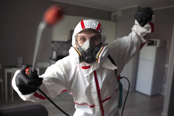 Coronavirus Disinfection House Disinfector Hazmat Cleans Apartment Viruses Infections Antibacterial — Stock Photo, Image