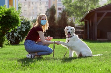 Koronavirüs salgını. Koruyucu maskeli genç bir kız yaz parkında köpeği gezdirir. Karantinada köpeği olan bir kadın.
