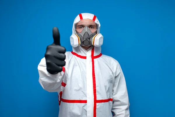 Resistance Coronavirus Disinfection Worker Protective Equipment Respirator Shows Sign Virologist — Stock Photo, Image