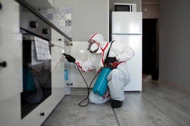 Haşere kontrolü. Böceklere ve kemirgenlere karşı kimyasal yollarla dezenfekte edilmiş bir bina. Evin arka planında spreyi olan bir hijyenik işçi.