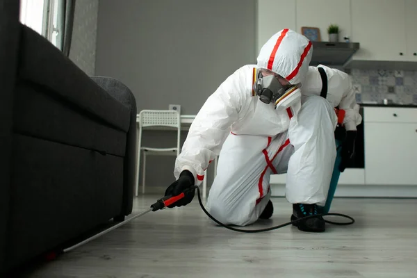 害虫防治 用化学方法对房舍进行昆虫和啮齿动物消毒 在公寓后面喷洒杀虫剂的卫生工作者 — 图库照片