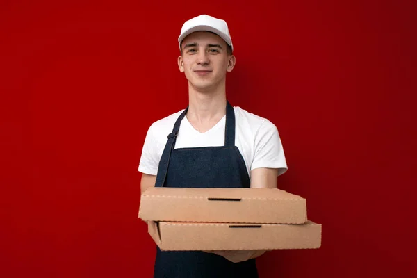 Portrait Young Pizza Delivery Man Uniform Red Background Courier Guy — Stock Photo, Image
