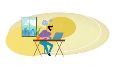 Adam evde dizüstü bilgisayarıyla çalışıyor - 2D düz modern animasyon döngüsü