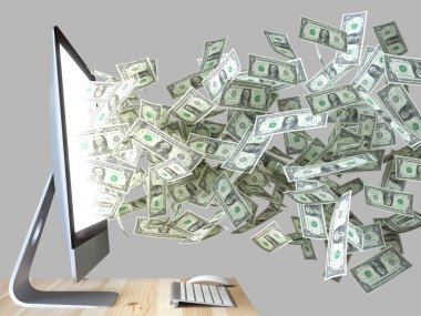 Monitor di computer con soldi o dollari che escono, vincita o guadagno on line, 3d
