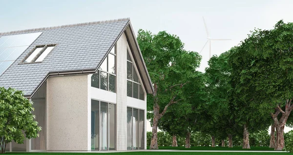 Ecological house with solar panels, 3d render