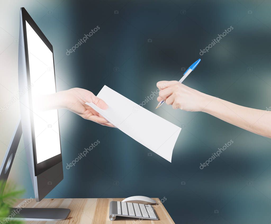Hand with contract, signature on contract work, 3d render