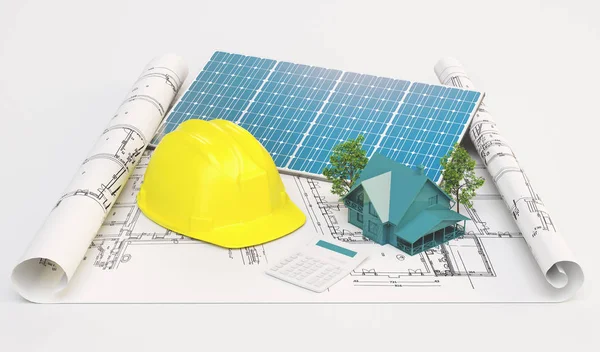 Güneş panelleri, 3d render ile yeni ekolojik ev projeleri
