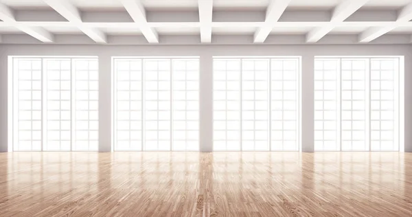 部屋、窓、寄木細工の床、オープン スペースをレンダリングします。 — ストック写真