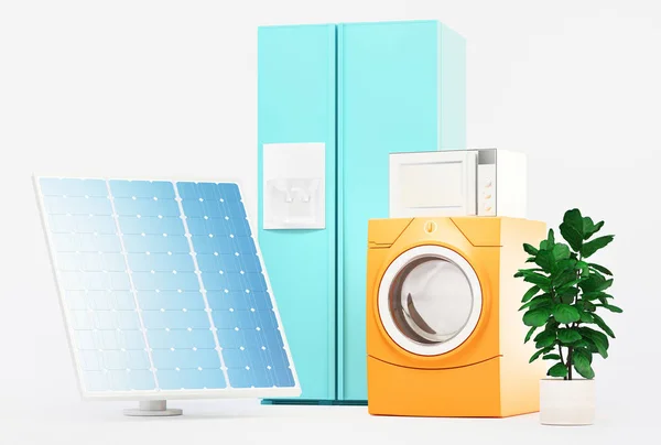 Toestellen met zonnepanelen, koelkast en wasmachine — Stockfoto