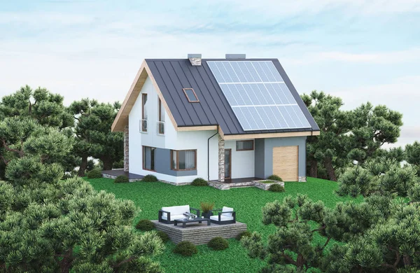 Ekolojik ev güneş panelleri, yeşil ev, ile render