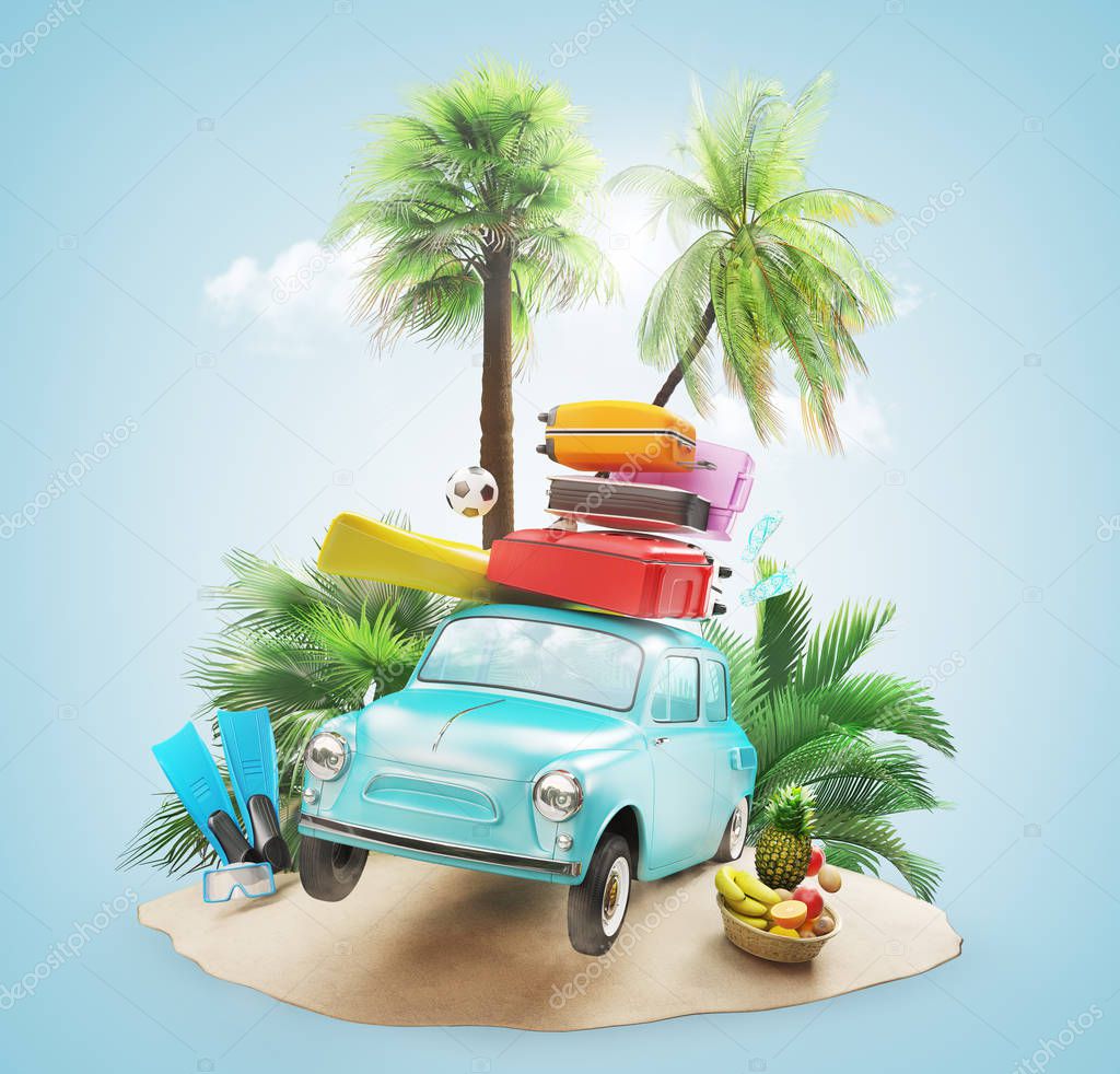 Car for holiday with suitcases and palm