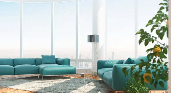 Sala de estar moderna com vista incrível, 3D renderizar ilustração — Fotografia de Stock