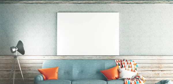 Wohnzimmer mit Sofa und weißem Rahmen an der Wand, 3D-Darstellung — Stockfoto