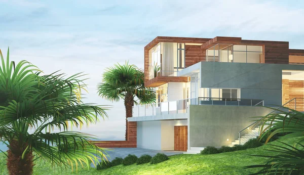 Modern yeni ev palm ve manzaralı, 3d render illüstrasyon