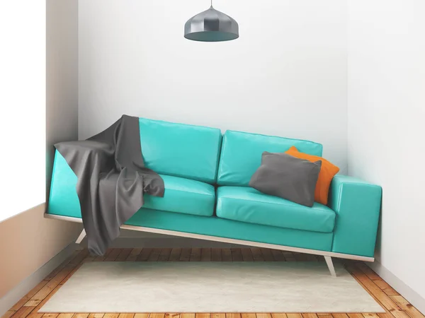 Schiefes Sofa, großes Sofa in kleinem Raum, 3D-Darstellung — Stockfoto