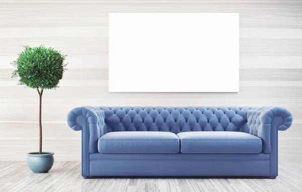 Sala de estar com sofá moderno e quadro branco, renderizar ilustração 3d — Fotografia de Stock