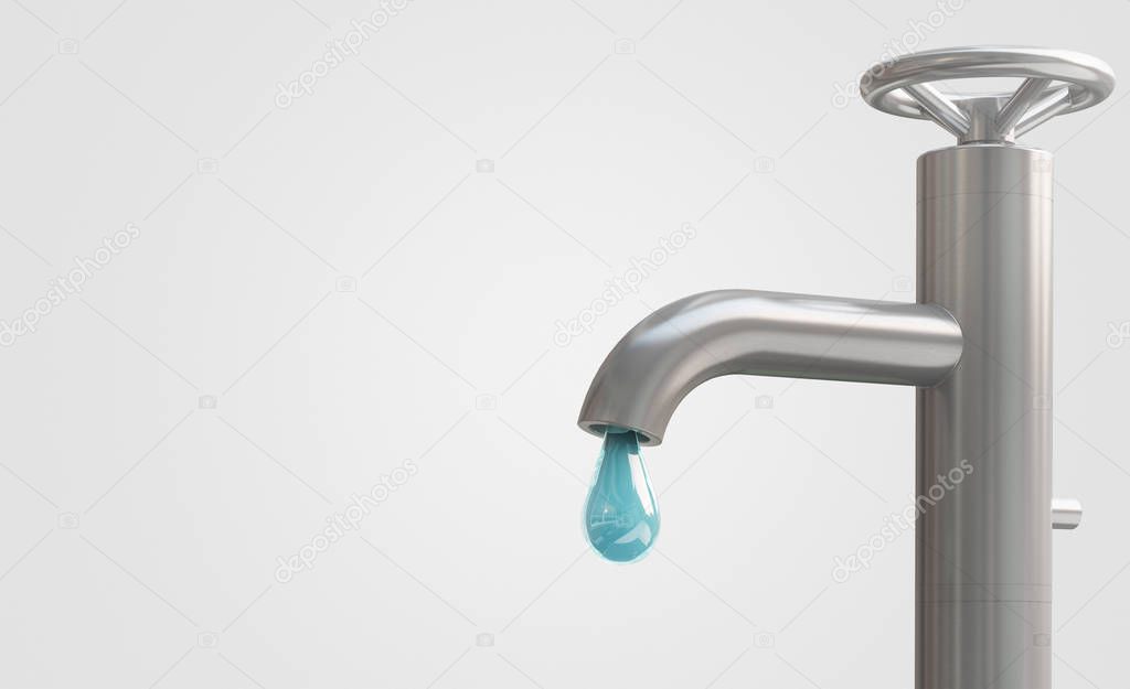 Tap with drop of water, 3d render illustration