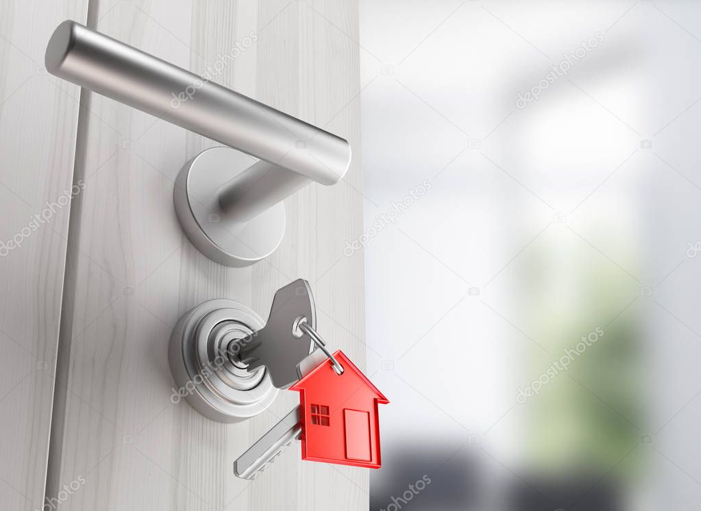 Door with keys, new home, open room, 3d render illustration