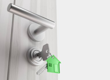 Anahtarlar, yeni ev, açık Oda, 3d render illüstrasyon kapı