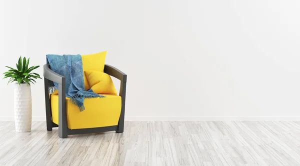 Gele fauteuil in een kamer met parket, 3d render illustratie — Stockfoto