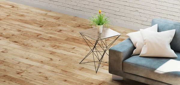 在一个房间里镶木地板，工业，现代沙发 3d 渲染图 — 图库照片