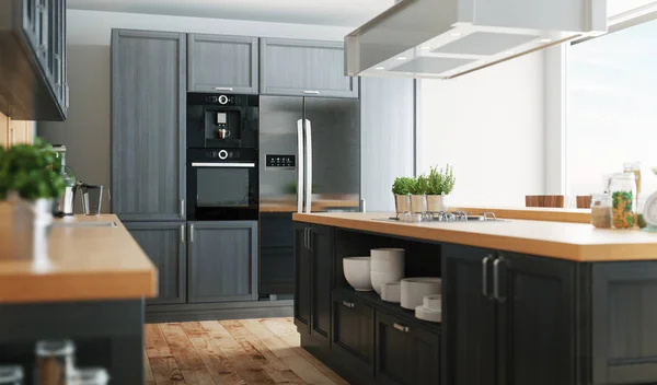 现代厨房与镶木地板和灰色 Fornitures 渲染例证 — 图库照片