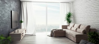 Sof ve büyük pencereler, 3d render illüstrasyon ile oturma odası