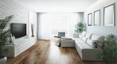 Sof ve büyük pencereler, 3d render illüstrasyon ile oturma odası
