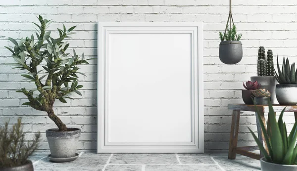 White frame or canvas with plant next to it, 3d render illustration