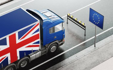 Brexit konsepti. İngiliz kamyonu Avrupa bayrağının önünde durdu. 3d oluşturma