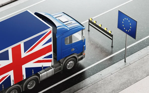 Brexit concept. English truck stopped in front of the flag of Europe. 3d rendering