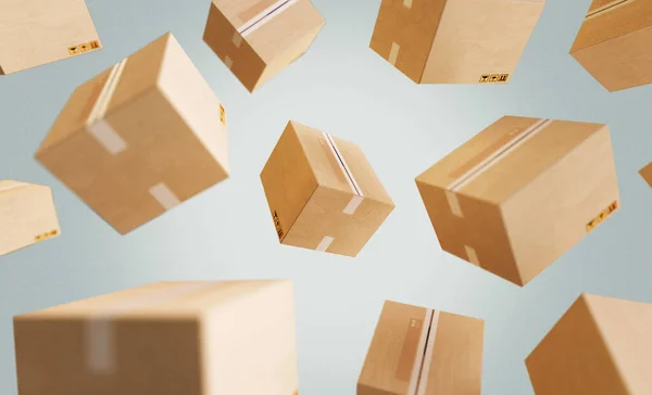 Concepto de Logística de Negocios. Tecnología de conexión empresarial global. Cajas de cartón. Renderizado 3D — Foto de Stock