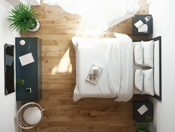 Wnętrze nowoczesnego komfortowego pokoju hotelowego, renderowanie 3d — Zdjęcie stockowe