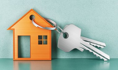 İpotek, yatırım, gayrimenkul ve gayrimenkul konsepti - ev anahtarlarını kapatın. 3d oluşturma
