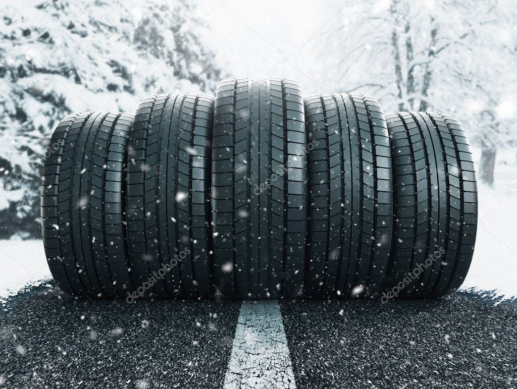 Winter tire in snow closeup, 3d rendering