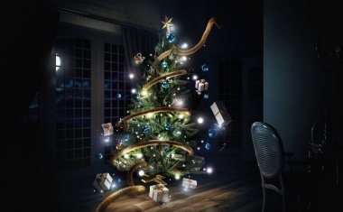 Süslü Noel ağacı, Noel arkaplanı, 3D görüntüleme