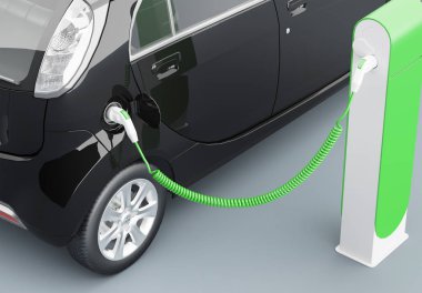 Elektrikli araba şarjı için güç kaynağı. Elektrikli araba şarj istasyonu. 3d oluşturma