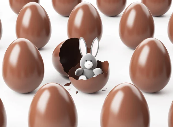 Ovos de Páscoa de chocolate e presentes, renderização 3d — Fotografia de Stock