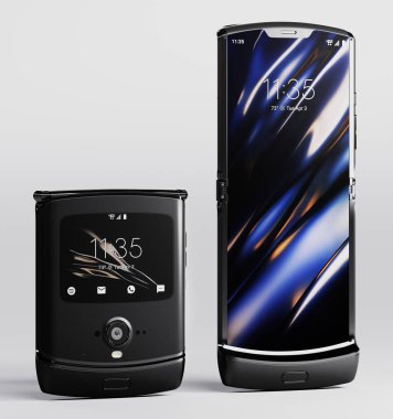 Milan, İtalya - 25 Kasım 2019 Motorola Razr akıllı telefon. 3d oluşturma