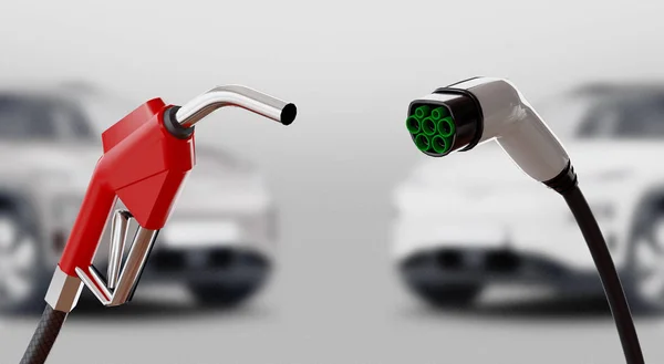 Diesel contre électrique. Station essence ou électrique. Rendu 3d — Photo