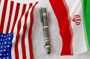 İran bayrağı ve Amerika Birleşik Devletleri bayrağı, nükleer risk için Trump başkanı ve İran krizi. Savaş konsepti. 3d oluşturma