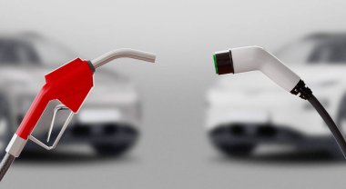 Dizel elektriğe karşı. Benzin ya da elektrik santrali. 3d oluşturma